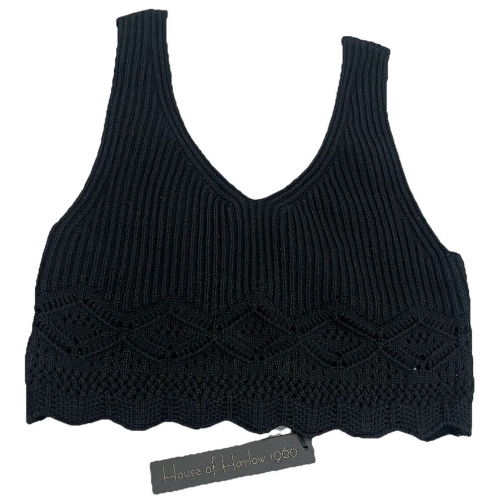 House of Harlow 1960 black Crop Top only Crochet ribbed v-neck Knit NWT XS